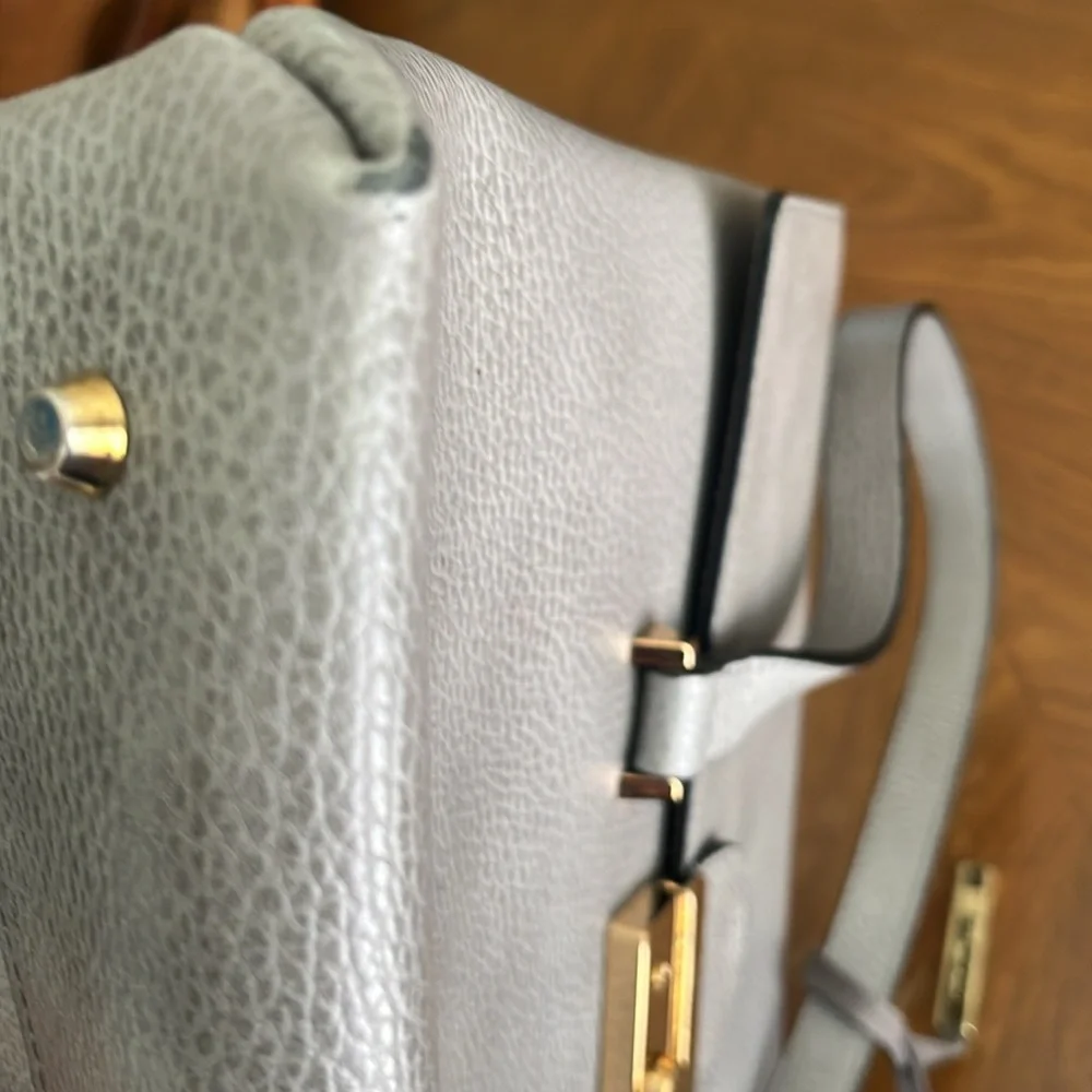 Innue Italian gray pebble leather structured satchel shoulder bag w/ gold clasp